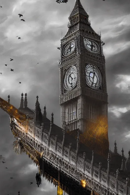 Prompt: highly detailed photography of a ghostly pirate ship flying above big ben. london. intricate, hyper realism, professional digital art, unreal engine 5, 8 k render, sharp focus, trending on art station.