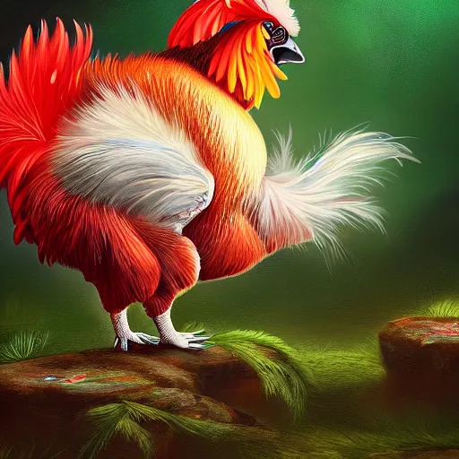 Prompt: panda rooster hybrid creature with fur and feathers beautiful detailed luminescent magical realism oil painting 4 k