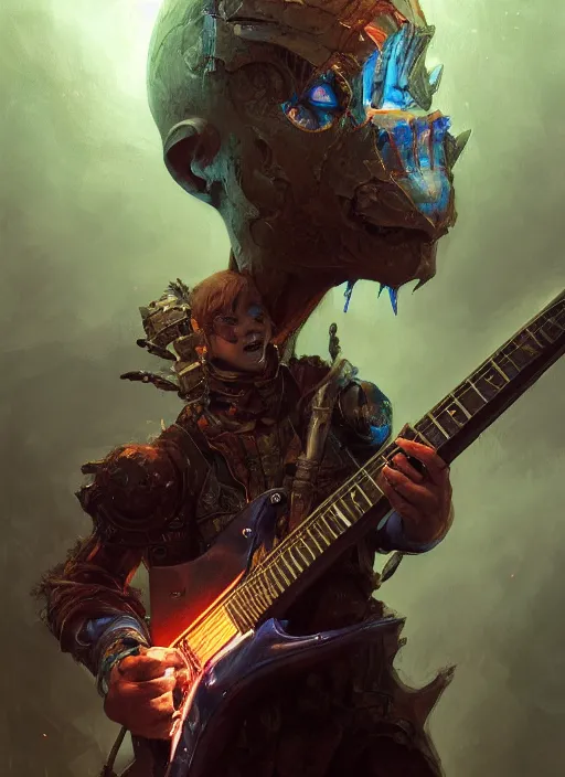 Image similar to fantasy changeling kid playing electric guitar, dim light, front game card, marvel comics, dark, intricate, highly detailed, smooth, artstation, digital illustration by ruan jia and mandy jurgens and artgerm and wayne barlowe and greg rutkowski and zdislav beksinski