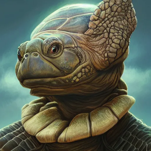 Prompt: amazingly beautiful portrait of a hyper realistic mitch mcconnell!!!! as a turtle / tortoise, as an anthropomorphic turtle, painted by greg rutkowski, artgerm, beautiful lighting, masterpiece, epic, 4 k