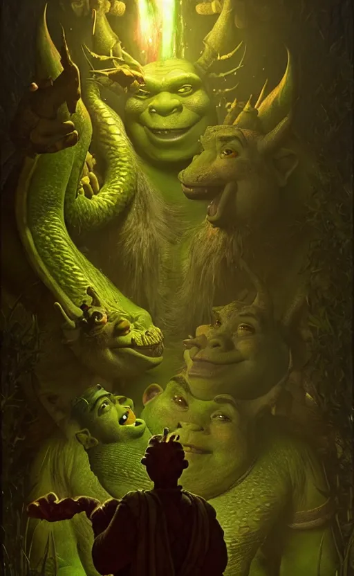 Image similar to shrek dragon gorgeous lighting by weta studio, mucha, bautista and norman rockwell and greg rutkowski and tom bagshaw and james gurney and lucasfilm