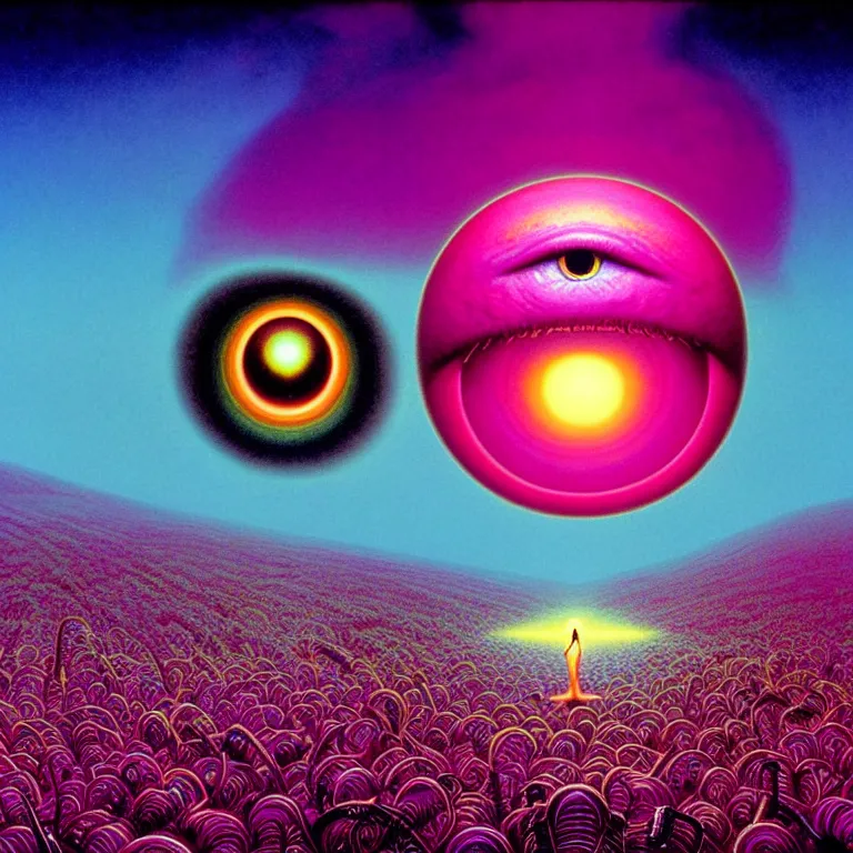 Image similar to symbolic eyeball in hand over pink fields of infinite quantum ghosts, synthwave, bright neon colors, highly detailed, cinematic, tim white, vladimir kush, philippe druillet, roger dean, bob eggleton, michael whelan, boris vallejo, alfred kelsner, kubrick, jaroslaw jasnikowski