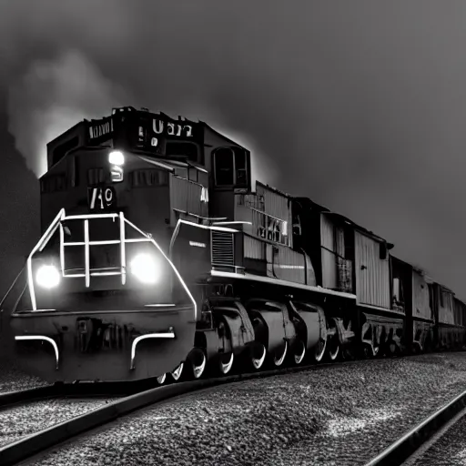 Image similar to a hyperdetailed black and white photograph of the union pacific big boy on the rails producing lots of black smoke in an old timey city, night, dense fog, rain, hd, 8 k, cinematic, volumetric lighting