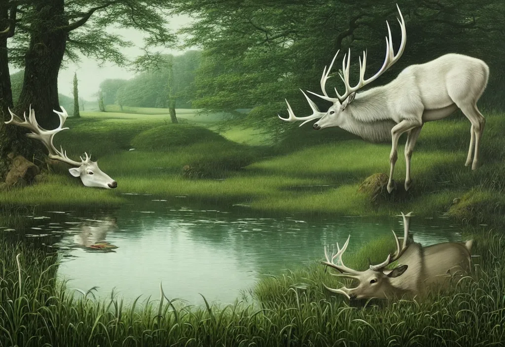 Image similar to hyper detailed 3d render like a Oil painting - white stag drinking from a pond in a peaceful lush meadow, by Jacek Yerka, Mariusz Lewandowski, Houdini algorithmic generative render, Abstract brush strokes, Masterpiece, Edward Hopper and James Gilleard, Zdzislaw Beksinski, Mark Ryden, Wolfgang Lettl, hints of Yayoi Kasuma, octane render, 8k