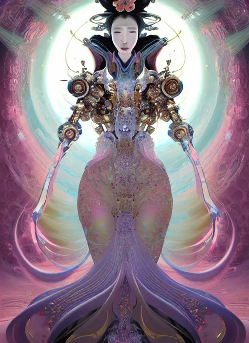 Prompt: porttait of a beautiful celestial Brazilian Japanese pearlescent multiversal Goddess wearing a futuristic luxurious Renaissance suit exposed in cryo chambers, ethereal and mecha theme, intricate, elegant, highly detailed, centered, digital painting, lush Japanese landscape, sakura season, Kyoto inspired, artstation, concept art, smooth, sharp focus, illustration, by Peter Mohrbacher, close-up, feminine slim figure, fancy