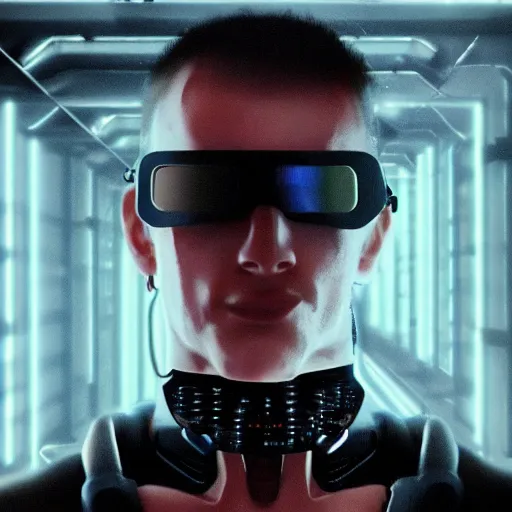 Image similar to grainy photo of an male cyberpunk character wearing bionic implants, criminal,