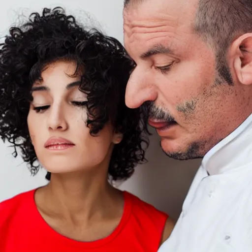 Prompt: short racist italian chef beating taller girlfriend