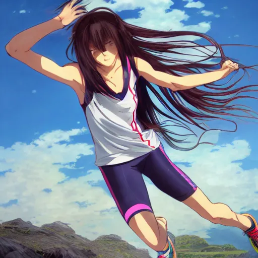 Prompt: a girl is running, sport clothing, anime style, long hair, hair down, symmetrical facial features, from yowamushi pedal, hyper realistic, clip studio paint, rule of thirds, extreme detail, detailed drawing, trending pixiv, realistic lighting, by alphonse mucha, greg rutkowski, sharp focus, backlit, high budget show, realistic anatomy