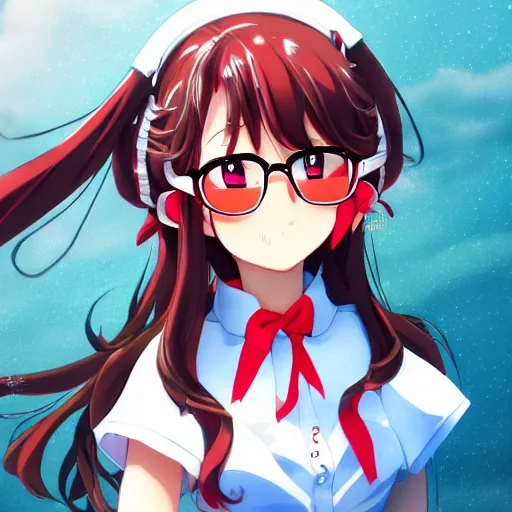 Prompt: key anime visual of reimu, wearing glasses, trending on Artstation; detailed