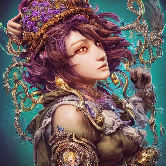 Image similar to the portrait of chaotic good female druid alchemist as absurdly beautiful, gorgeous, elegant, young gravure idol, an ultrafine hyperdetailed illustration by kim jung gi, irakli nadar, intricate linework, sharp focus, bright colors, octopath traveler, final fantasy, unreal engine 5 highly rendered, global illumination, radiant light, detailed and intricate environment