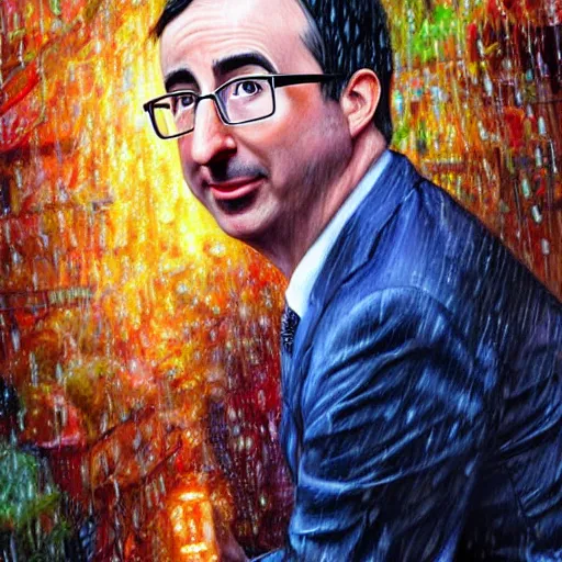 Image similar to John oliver in the rain, realistic detailed face, artstation, concept art, sharp focus, matte painting, hyper detailed, hyper realistic, art by Josephine wall