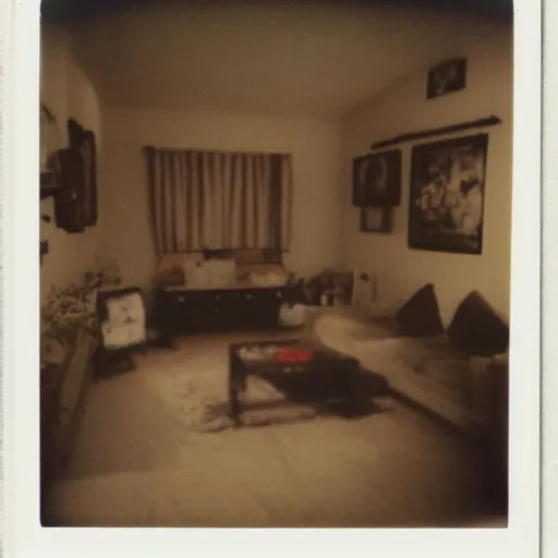 Prompt: polaroid photo of hantu in living room interior