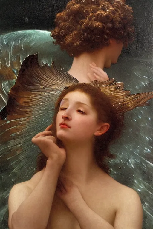 Image similar to hyperrealist highly detailed english medieval portrait of high fashion archangel swimming in black giant ferrofluid liquid ocean, Art by William Adolphe Bouguereau,, Art by William Adolphe Bouguereau,, by Annie Swynnerton and Tino Rodriguez and Maxfield Parrish, elaborately costumed, rich color, dramatic cinematic lighting, extremely detailed, radiating atomic neon corals, concept art pascal blanche dramatic studio lighting 8k wide angle shallow depth of field, Art by William Adolphe Bouguereau, extreme detailed and hyperrealistic