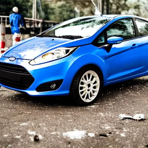 Image similar to crackhead destroying a blue 2013 ford fiesta