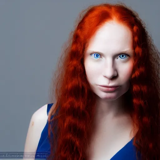 Prompt: artistic photo of a young beautiful woman, looking at the camera, long flowing red hair, greyish blue eyes, slight cute smile, mouth slightly open, studio lighting, award winning photo by Annie Liebowitz