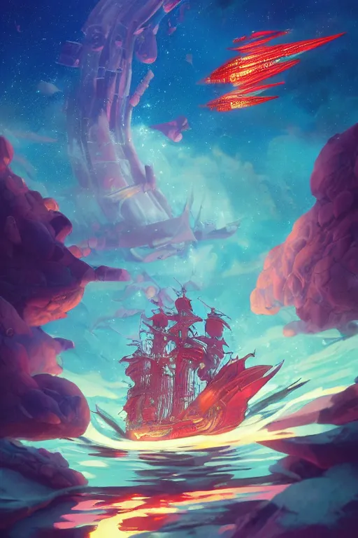 Image similar to spelljammer flying through phlogiston, 4 k digital paint by studio ghibli hayao miyazaki. vivid colours, vaporwave lighting style, very sharp and detailed. trending on artstation and behance.