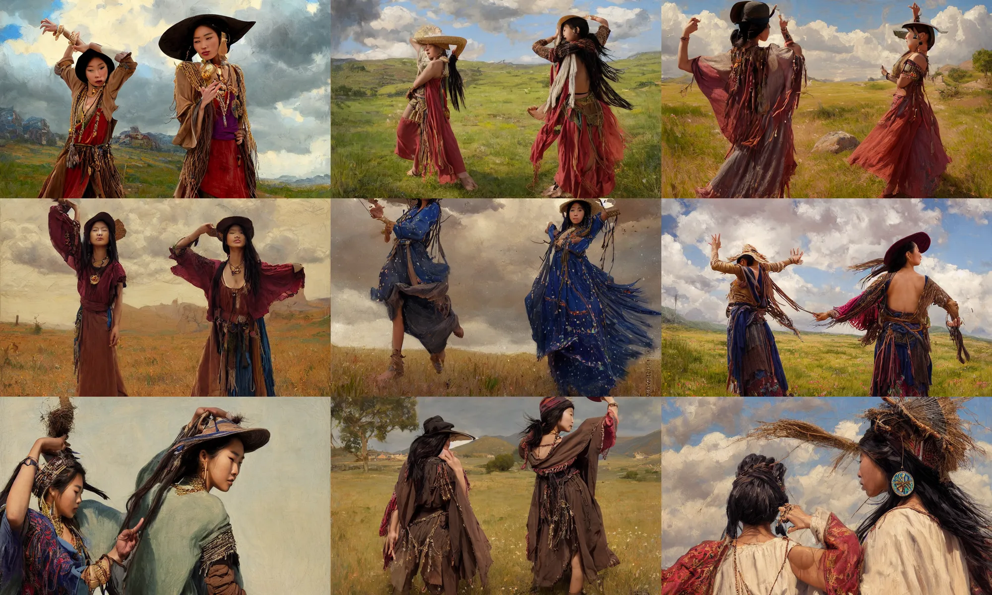 Prompt: portrait of medieval farmer fashionable young asian woman with wooden jewelry, frantic dancing pose, back view, mediterranean features, wearing rich jewerly and hat and boho poncho, shaman witch, fantasy character close up portrait, extremely strong wind, thunder clouds in the sky, artwork by Jeremy Lipkin and Giuseppe Dangelico Pino and Michael Garmash and rob rey, levitation, industrial rusty pipes, simple form, brutal shapes