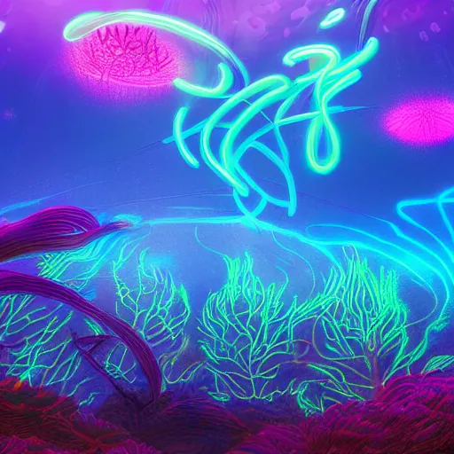 Image similar to an underwater alien ocean, filled with bioluminescence, twirling glowing sea plants, neon colors, and a mystical misty glow, ethereal, detailed