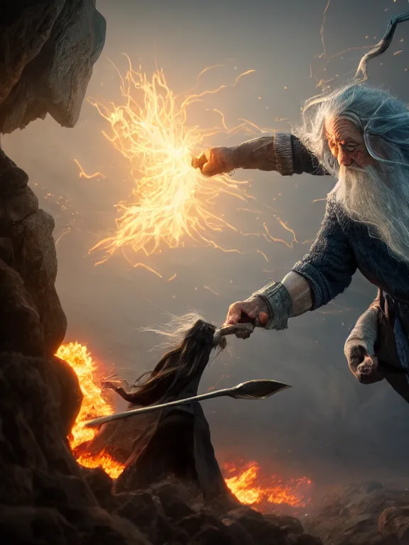 Prompt: photo of 8k ultra realistic Gandalf fighting the balrog, full of colour, cinematic lighting, battered, trending on artstation, 4k, hyperrealistic, focused, extreme details,unreal engine 5, cinematic, masterpiece, art by studio ghibli