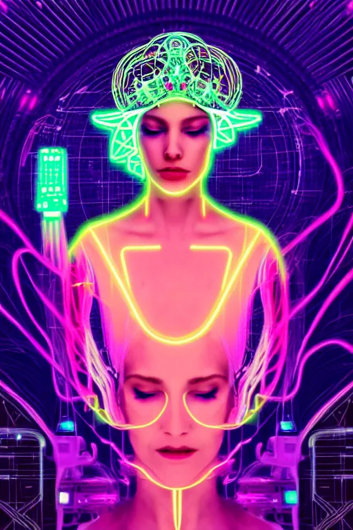 Prompt: ethereal, numinous goddess of cyberpunk draped in magic, wearing a glowing crown made of neon computer circuitry, offering the viewer a pill, closed eyes, highly detailed portrait, minimal, warm colors, art deco, art nouveau, decorative border