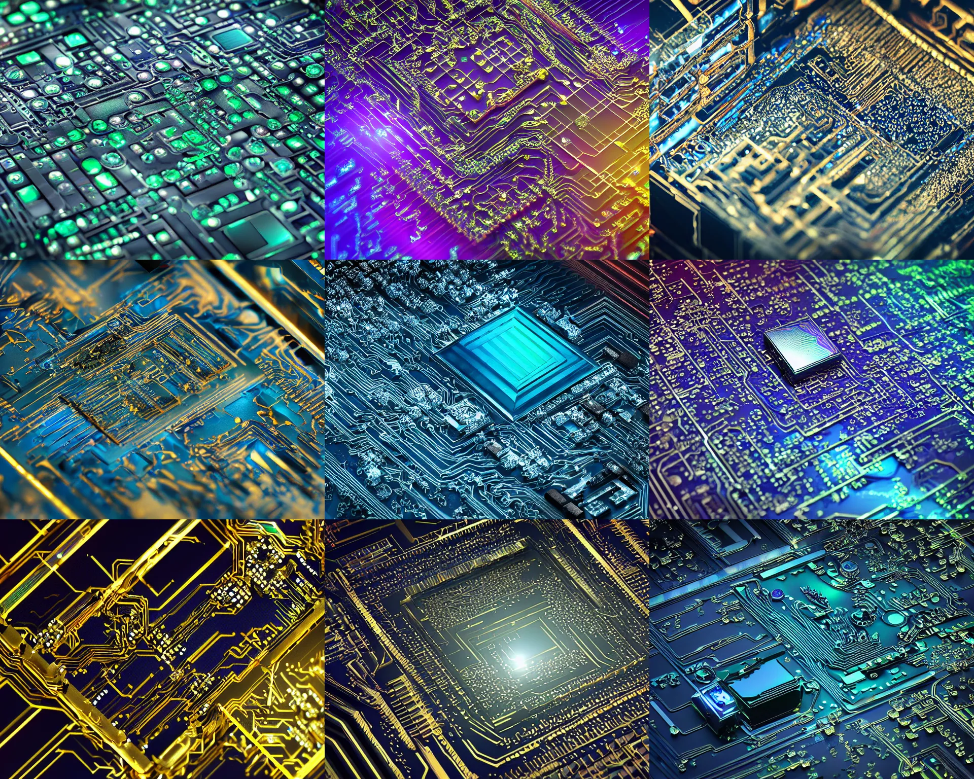Prompt: circuit board processor, 3 d ray traced photorealistic render, moody beautiful colors, futuristic, squares, crystal nodes, shiny, high angle shot with sharp realistic intricate detail, iridescent glowing chips, precious metals, treasure artifact