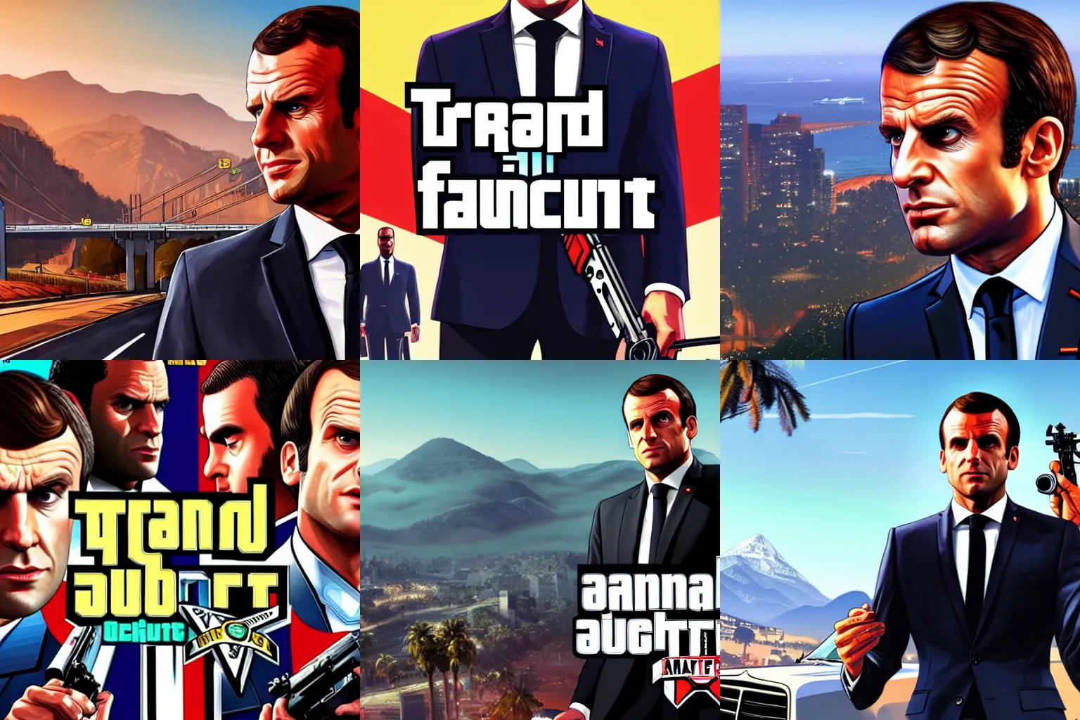 Prompt: Emmanuel Macron in Grand Theft Auto 5 cover art, epic, 4k resolution, extremely detailed, very sharp, artstation, digital art, vibrant,