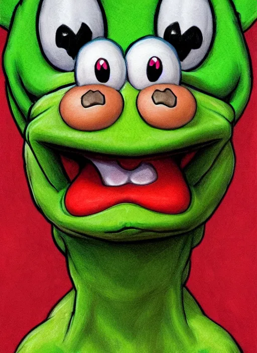 Prompt: portrait of Kermit the frog in Super Mario Bros (1993), highly detailed, centered, solid color background, digital painting, artstation, concept art, smooth, sharp focus, illustration, artgerm, donato giancola, Joseph Christian Leyendecker, Les Edwards, Ed Repka, WLOP, Artgerm