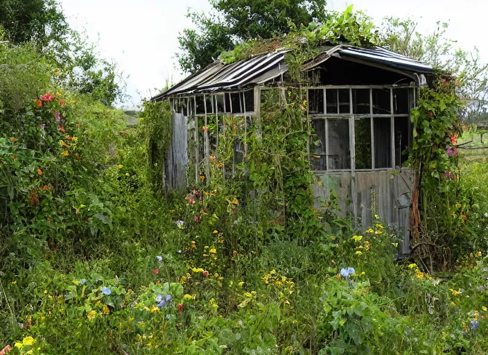 Prompt: post apocalyptic overgrown shed, covered in vines with wildflowers growing near the base, 3 PM sunny, humid