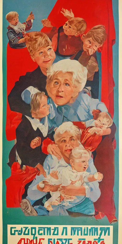 Prompt: buy a grandmother advertisement poster for soviet children