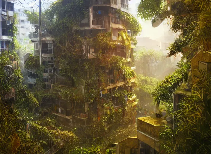 Image similar to overgrown foliage overtaking favela, biopunk, scenery, professional, award - winning, trending on artstation, detailed, realistic, beautiful, emotional, shiny, golden, picture