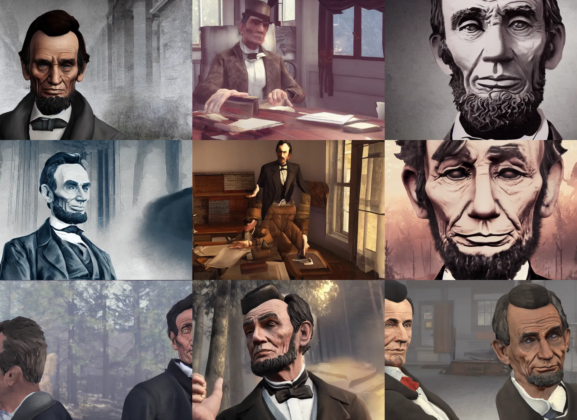 Prompt: president abraham lincoln in life is strange, wearing sweatshirt, pc, promotional image