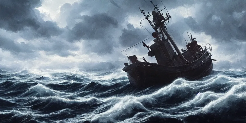 Image similar to A fishing boat struggles in a stormy sea, an intense storm blacks out the sky, fork lightning, dark and epic, film still, ultra wide angle, Greg Rutkowski and Studio Ghibli