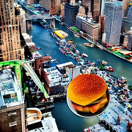 Image similar to giant delicious burger and fries splashes into New York city river, mind-bending digital art, macro photography 25mm, hollywood movie cinematic helicopter view