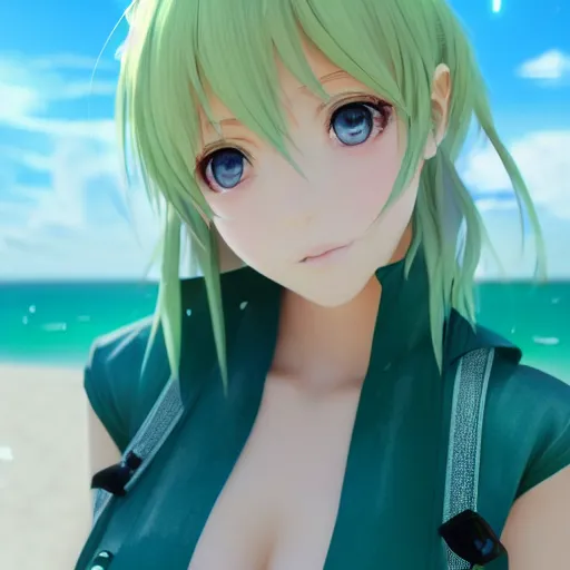 Image similar to render as a very beautiful 3d anime girl, short green hair, azure blue eyes, full round face, short smile, casual clothes, serene beach setting, cinematic lightning, medium shot, mid-shot, highly detailed, trending on Artstation, Unreal Engine 4k, cinematic wallpaper