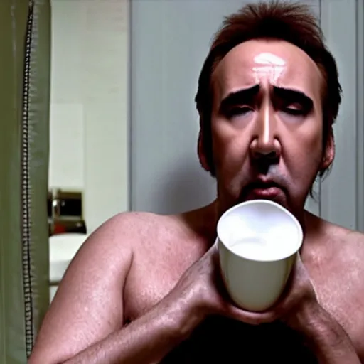 Prompt: nicolas cage doing coke on toilet seat