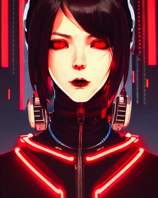 Image similar to a comic potrait of a cyberpunk cyborg girl with black and red parts, fine - face, realistic shaded perfect face, fine details. night setting. very anime style. realistic shaded lighting poster by ilya kuvshinov katsuhiro, unreal engine, global illumination, radiant light, detailed and intricate environment
