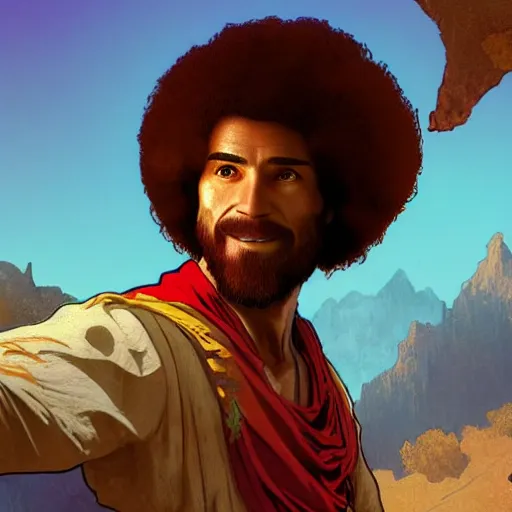 Prompt: an ultra detailed vector image of bob ross dressed as the prince of persia, concept art by alphonse mucha and greg rutkowski, bright red desert sands, bright yellow and red sun, octane render, praise the sun
