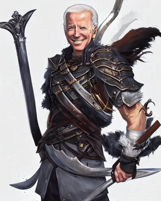 Image similar to A full-body anime portrait of Joe Biden with crazy hair holding a huge sword from Skyrim, by Stanley Artgerm Lau, WLOP, Rossdraws, James Jean, Andrei Riabovitchevy, Marc Simonetti, and Sakimichan, trending on artstation