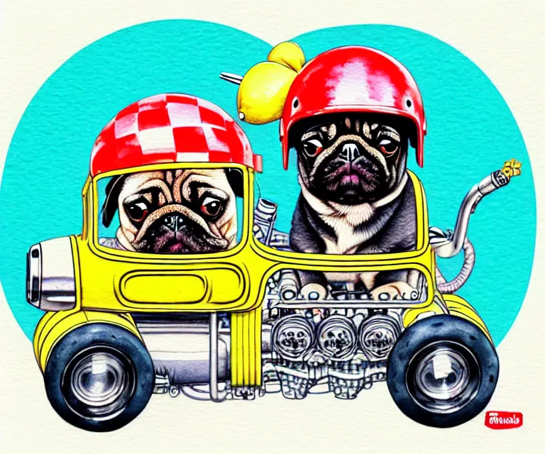 Image similar to cute and funny, pug wearing a helmet riding in a tiny hot rod with oversized engine, ratfink style by ed roth, centered award winning watercolor pen illustration, isometric illustration by chihiro iwasaki, edited by range murata, tiny details by artgerm and watercolor girl, symmetrically isometrically centered