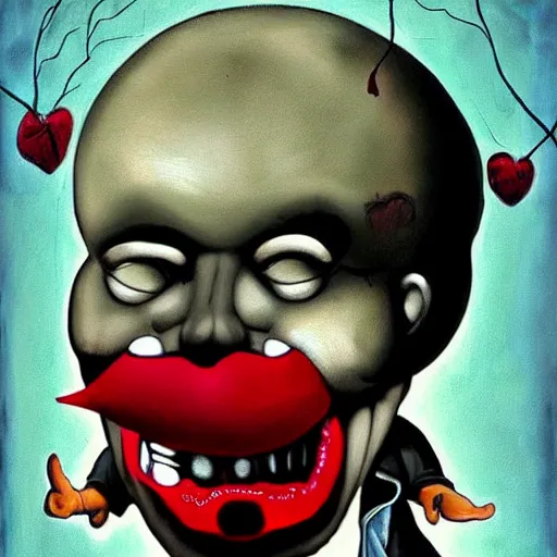 Image similar to grunge cartoon painting of kanye with a wide smile and a red balloon by chris leib, loony toons style, pennywise style, corpse bride style, horror theme, detailed, elegant, intricate