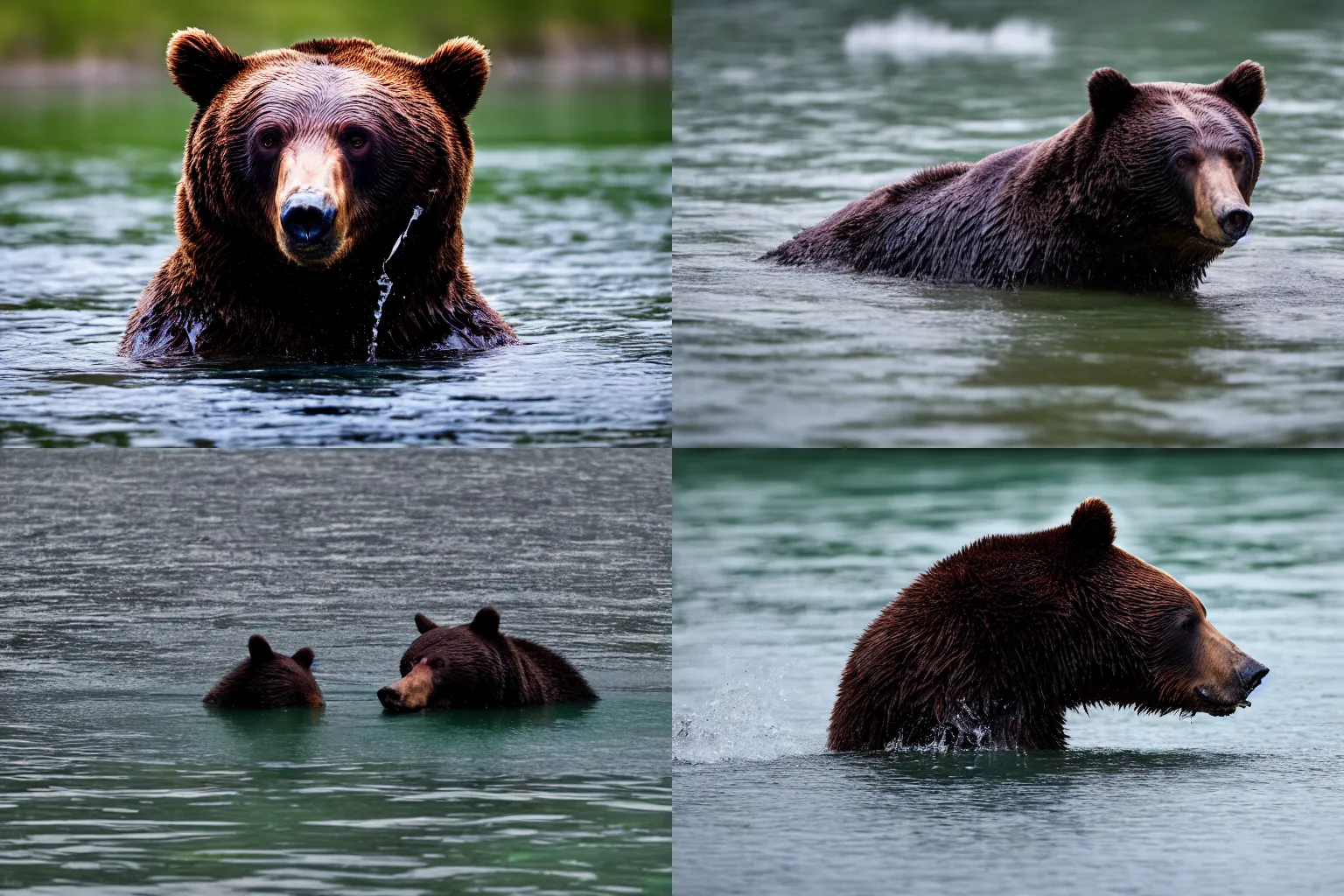 Prompt: halfway submerged bear in a lake, fierce eyes 4K photo