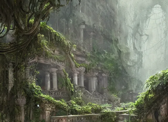 Prompt: a detailed watercolor painting of temple interior, overgrown with lush vines, greg rutkowski, digital art, trending on artstation, detailed matte painting