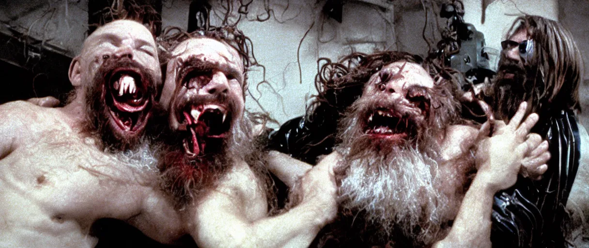 Image similar to filmic extreme wide shot movie still 4 k uhd interior 3 5 mm film color photograph of a bearded man with living teeth and tentacles grabbing another man who is screaming oh my god in the style of the horror film the thing 1 9 8 2