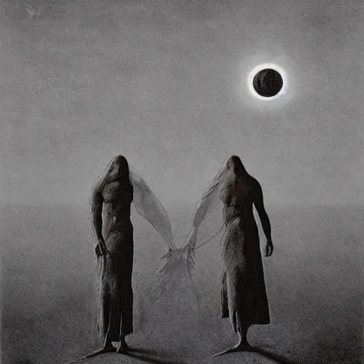 Image similar to two psychopaths cross the desert with a giant sun in the sky burning everything around them painting by Zdzisław Beksiński