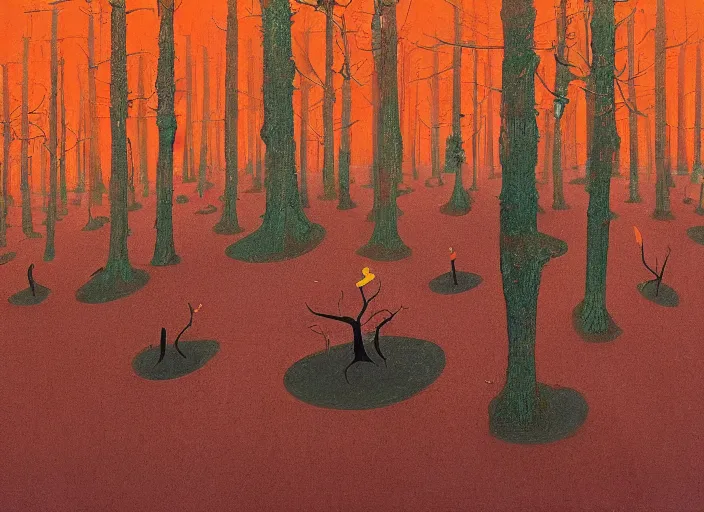 Image similar to a forest with a 5 orange cones scattered about, by surrealist james jean, in the style of francis bacon and edward hopper and beksinski