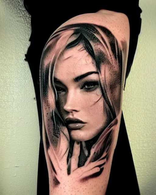 Image similar to creative double exposure effect tattoo design sketch of megan fox with beautiful mountains, realism tattoo, in the style of matteo pasqualin, amazing detail, sharp