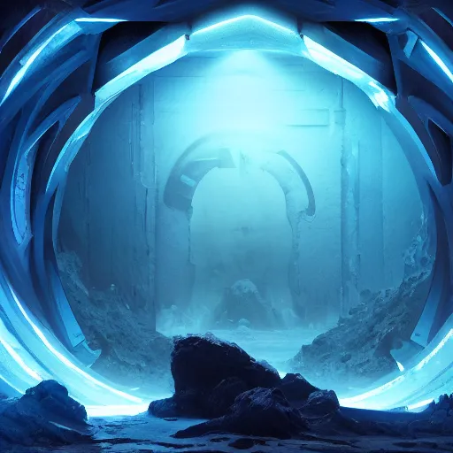 Prompt: A portal to the depths, bright blue and intense black, Noah Bradley, Roger Dean, Baraka, DLSR, octane render, 8k, cinematic lighting, symmetry