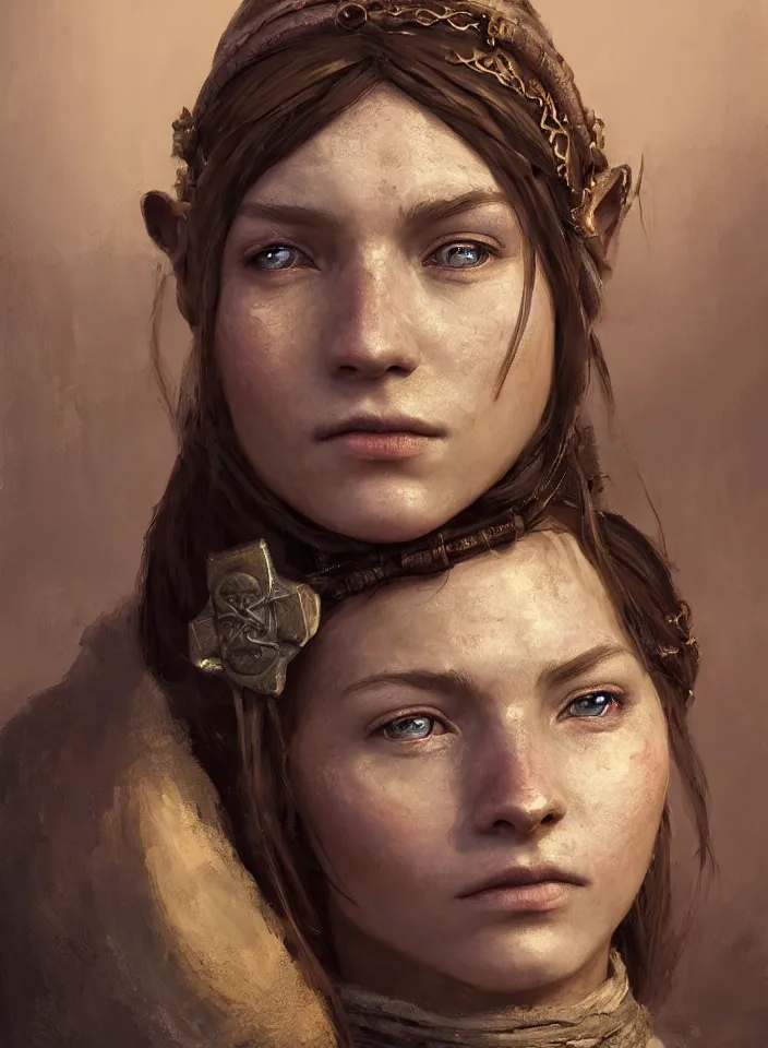 Prompt: a face portrait of a beautiful girl as a merchant from skyrim, fantasy setting, beautiful face, serene colors, soft lighting, atmospheric, cinematic, moody, in the style of diego koi, gina heyer, luiz escanuela, art by alyssa monk, hyperrealism, rule of thirds, golden ratio, oil on canvas, 8 k