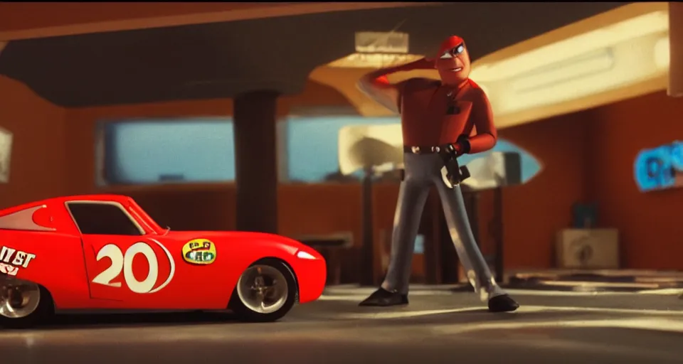 Prompt: a film still of Lightning McQueen in Pulp Fiction, anamorphic, cinematography,