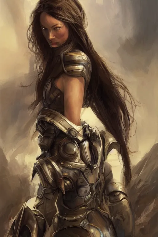 Image similar to a professional painting of a young Olivia Wilde, clothes in military armor, olive skin, long dark hair, beautiful bone structure, symmetrical facial features, intricate, elegant, digital painting, concept art, smooth, sharp focus, illustration, from StarCraft by Ruan Jia and Mandy Jurgens and Artgerm and William-Adolphe Bouguerea